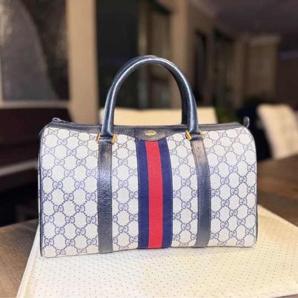 Authentic Gucci GG Supreme Navy Boston Bag Web Stripe Crossbody Option